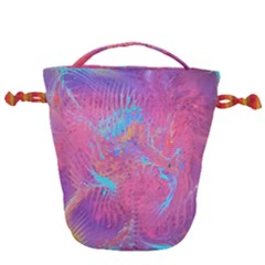 Magenta On Blue Feathers Drawstring Bucket Bag by kaleidomarblingart