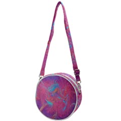 Magenta On Blue Feathers Crossbody Circle Bag by kaleidomarblingart