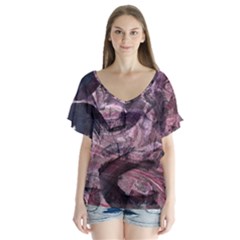  Abstract Marbling V-neck Flutter Sleeve Top by kaleidomarblingart