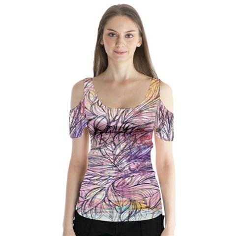 Mixed Media Leaves Butterfly Sleeve Cutout Tee  by kaleidomarblingart