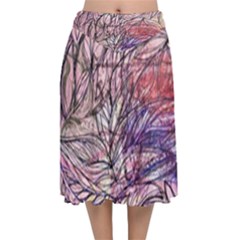 Mixed Media Leaves Velvet Flared Midi Skirt by kaleidomarblingart