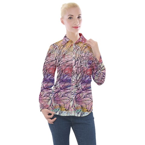 Mixed Media Leaves Women s Long Sleeve Pocket Shirt by kaleidomarblingart