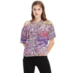 Mixed Media Leaves One Shoulder Cut Out Tee by kaleidomarblingart