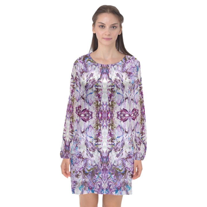 Intricate Lilac Long Sleeve Chiffon Shift Dress 