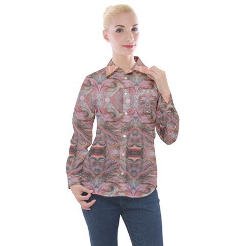 Pink Arabesque Iv Women s Long Sleeve Pocket Shirt by kaleidomarblingart