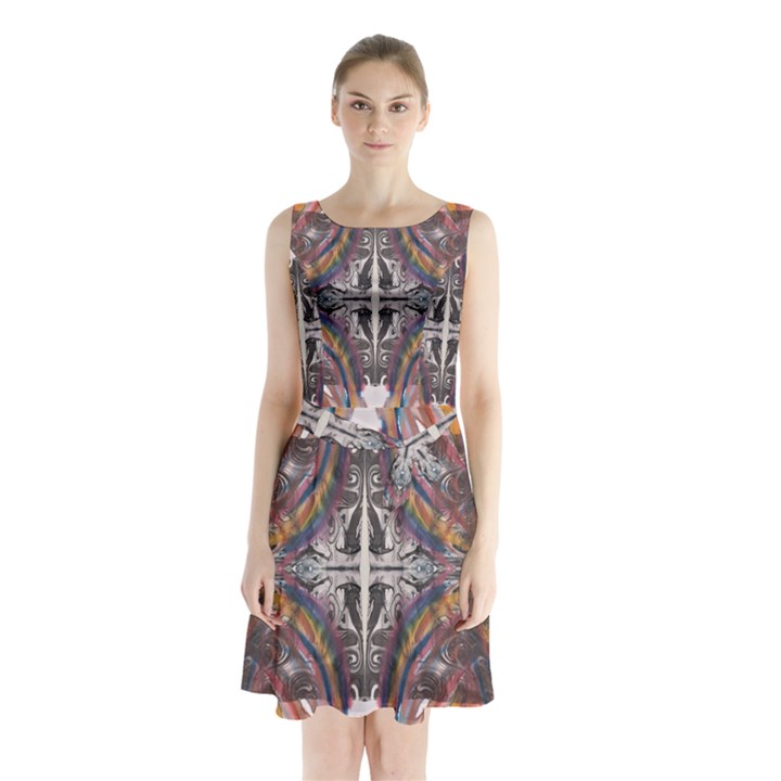 Mixed media print Sleeveless Waist Tie Chiffon Dress