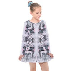 Grey On Pink Marbling Kids  Long Sleeve Dress by kaleidomarblingart