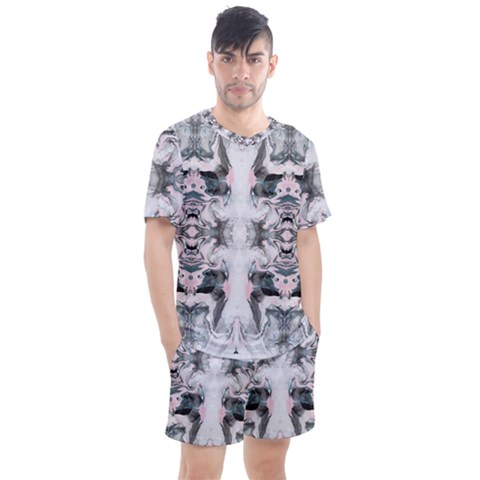 Grey On Pink Marbling Men s Mesh Tee And Shorts Set by kaleidomarblingart