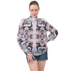 Grey On Pink Marbling High Neck Long Sleeve Chiffon Top by kaleidomarblingart