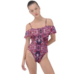 Red Arabesque Frill Detail One Piece Swimsuit