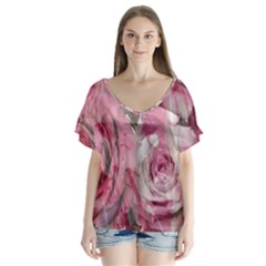 Roses Marbling  V-neck Flutter Sleeve Top by kaleidomarblingart