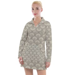 Bright Silver Flowers Motif Pattern Women s Long Sleeve Casual Dress by dflcprintsclothing