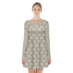 Bright Silver Flowers Motif Pattern Long Sleeve Velvet V-neck Dress by dflcprintsclothing