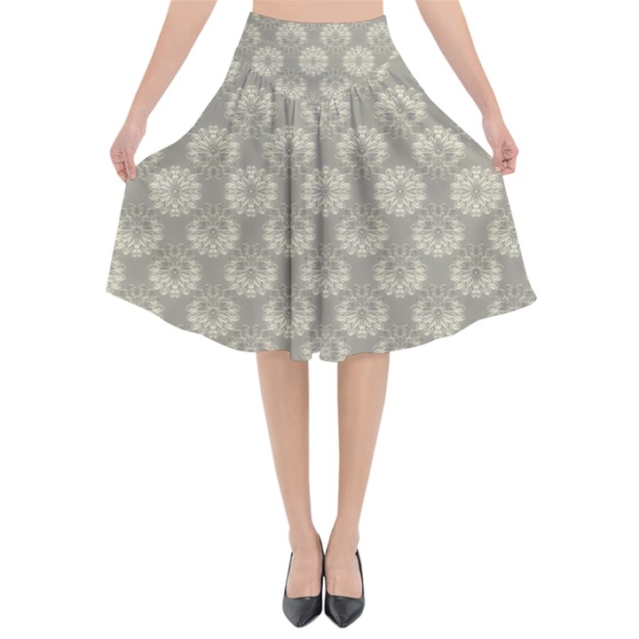 Bright Silver Flowers Motif Pattern Flared Midi Skirt