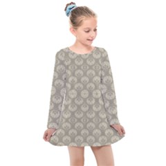 Bright Silver Flowers Motif Pattern Kids  Long Sleeve Dress by dflcprintsclothing