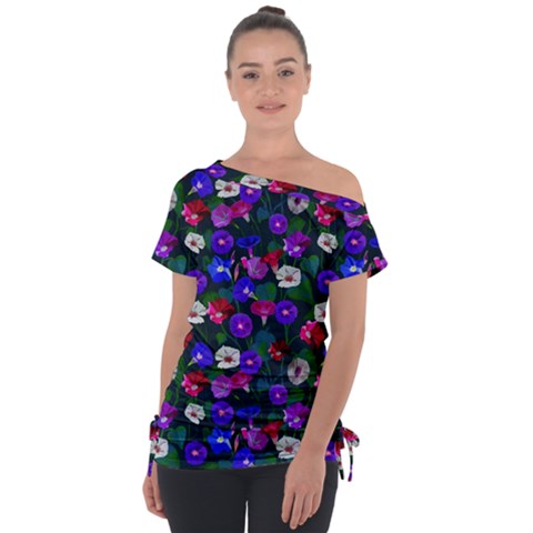 Watercolor Flowers  Bindweed  Liana Off Shoulder Tie-up Tee by SychEva