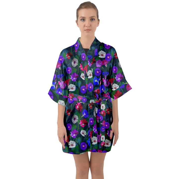 Watercolor Flowers  Bindweed  Liana Half Sleeve Satin Kimono 