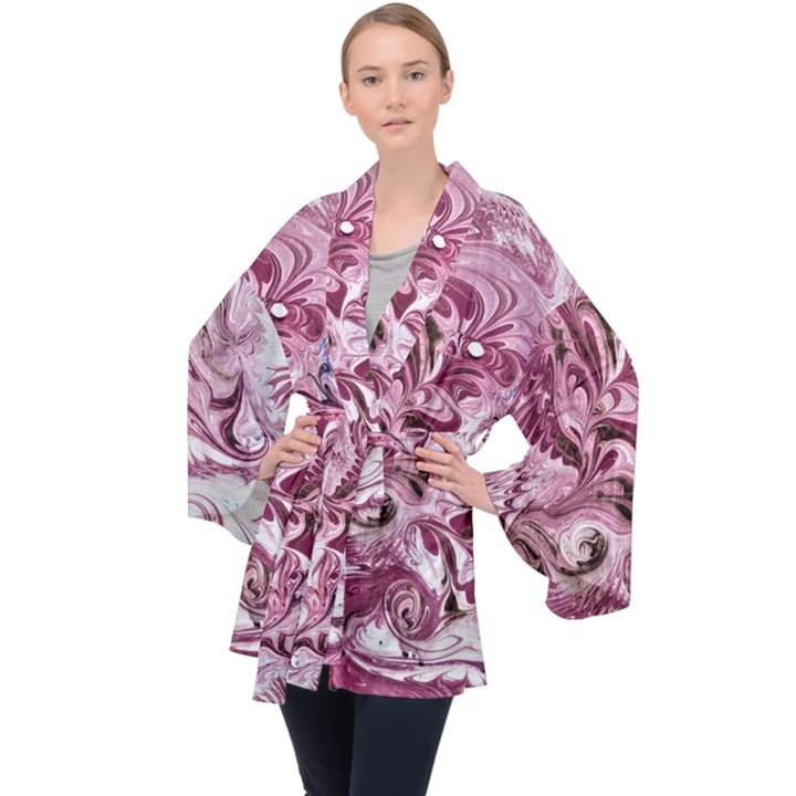 Dusty pink marbling Long Sleeve Velvet Kimono 