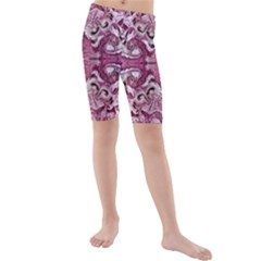 Pink Marbling Symmetry Kids  Mid Length Swim Shorts by kaleidomarblingart