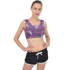 Violet Feathers V-back Sports Bra by kaleidomarblingart