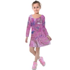 Pink Feathers Kids  Long Sleeve Velvet Dress