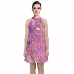 Pink Feathers Velvet Halter Neckline Dress 