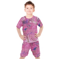 Pink Feathers Kids  Tee And Shorts Set by kaleidomarblingart