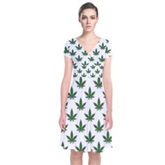 Weed At White, Ganja Leafs Pattern, 420 Hemp Regular Theme Short Sleeve Front Wrap Dress by Casemiro