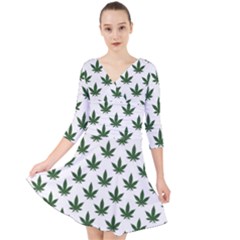 Weed At White, Ganja Leafs Pattern, 420 Hemp Regular Theme Quarter Sleeve Front Wrap Dress by Casemiro