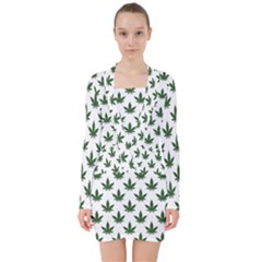 Weed At White, Ganja Leafs Pattern, 420 Hemp Regular Theme V-neck Bodycon Long Sleeve Dress by Casemiro