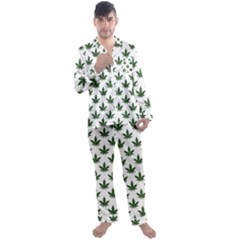 Weed At White, Ganja Leafs Pattern, 420 Hemp Regular Theme Men s Long Sleeve Satin Pajamas Set by Casemiro