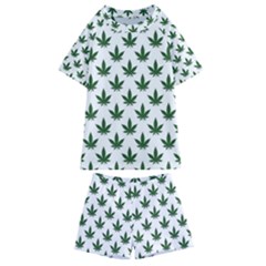 Weed At White, Ganja Leafs Pattern, 420 Hemp Regular Theme Kids  Swim Tee And Shorts Set by Casemiro