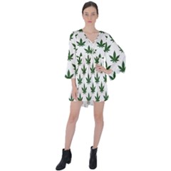 Weed At White, Ganja Leafs Pattern, 420 Hemp Regular Theme V-neck Flare Sleeve Mini Dress by Casemiro