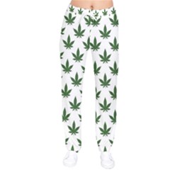 Weed At White, Ganja Leafs Pattern, 420 Hemp Regular Theme Women Velvet Drawstring Pants by Casemiro