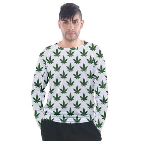 Weed At White, Ganja Leafs Pattern, 420 Hemp Regular Theme Men s Long Sleeve Raglan Tee by Casemiro