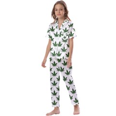 Weed At White, Ganja Leafs Pattern, 420 Hemp Regular Theme Kids  Satin Short Sleeve Pajamas Set by Casemiro