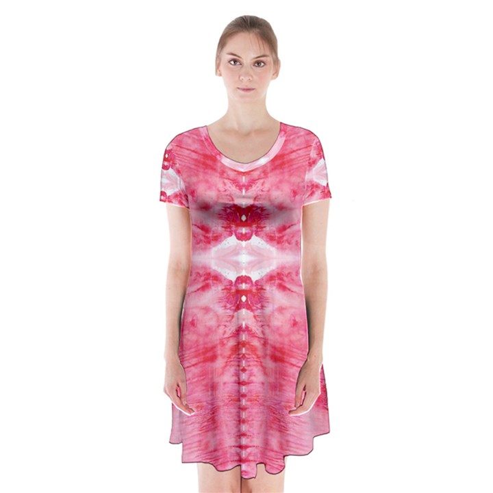 Pink Marbling Ornate Short Sleeve V-neck Flare Dress