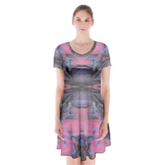 Grey Pink Module  Short Sleeve V-neck Flare Dress by kaleidomarblingart