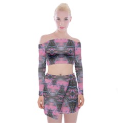 Grey Pink Module  Off Shoulder Top With Mini Skirt Set by kaleidomarblingart