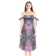 Grey Pink Module  Shoulder Tie Bardot Midi Dress by kaleidomarblingart