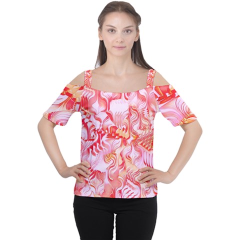 Cherry Blossom Cascades Abstract Floral Pattern Pink White  Cutout Shoulder Tee by CrypticFragmentsDesign