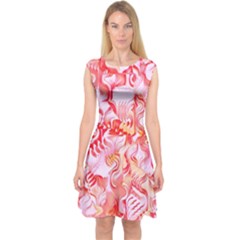 Cherry Blossom Cascades Abstract Floral Pattern Pink White  Capsleeve Midi Dress by CrypticFragmentsDesign