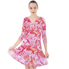 Cherry Blossom Cascades Abstract Floral Pattern Pink White  Quarter Sleeve Front Wrap Dress by CrypticFragmentsDesign