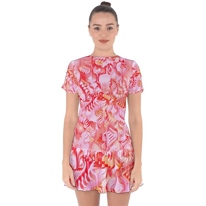 Cherry Blossom Cascades Abstract Floral Pattern Pink White  Drop Hem Mini Chiffon Dress