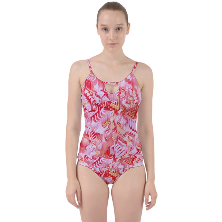 Cherry Blossom Cascades Abstract Floral Pattern Pink White  Cut Out Top Tankini Set