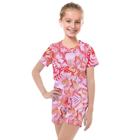 Cherry Blossom Cascades Abstract Floral Pattern Pink White  Kids  Mesh Tee And Shorts Set by CrypticFragmentsDesign