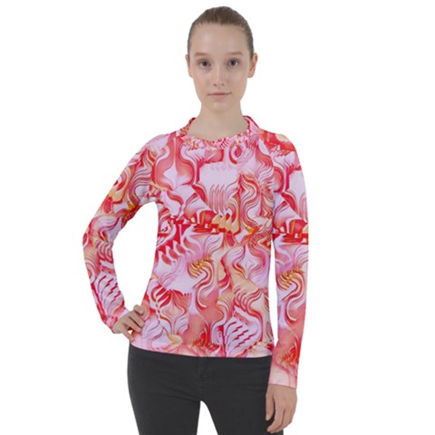 Cherry Blossom Cascades Abstract Floral Pattern Pink White  Women s Pique Long Sleeve Tee by CrypticFragmentsDesign