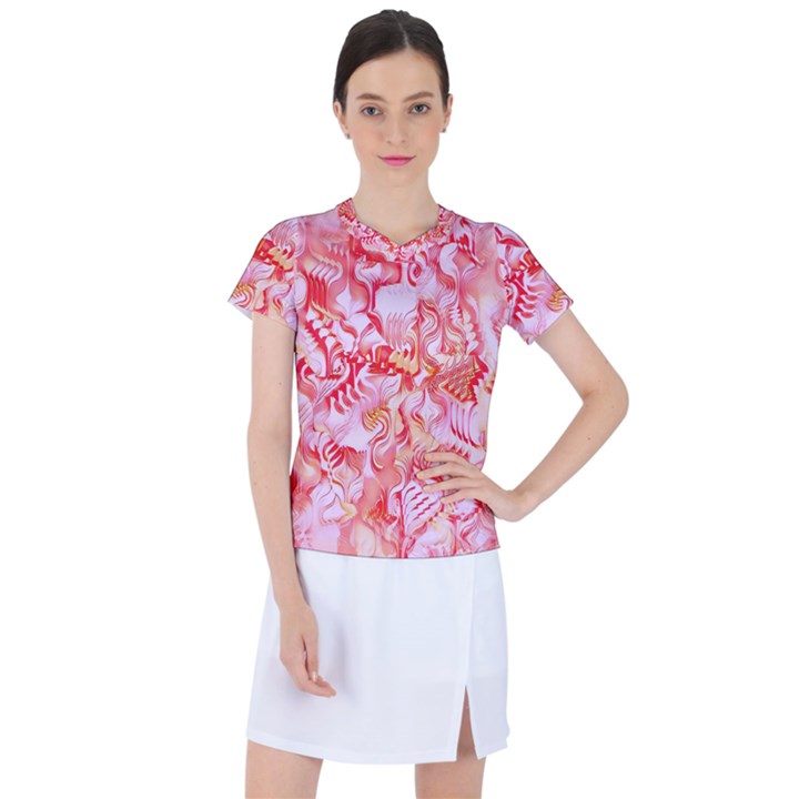 Cherry Blossom Cascades Abstract Floral Pattern Pink White  Women s Sports Top