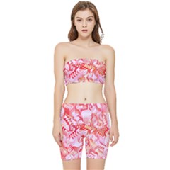 Cherry Blossom Cascades Abstract Floral Pattern Pink White  Stretch Shorts And Tube Top Set