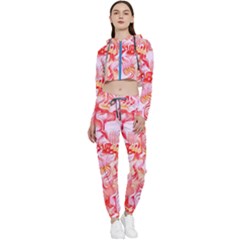 Cherry Blossom Cascades Abstract Floral Pattern Pink White  Cropped Zip Up Lounge Set by CrypticFragmentsDesign